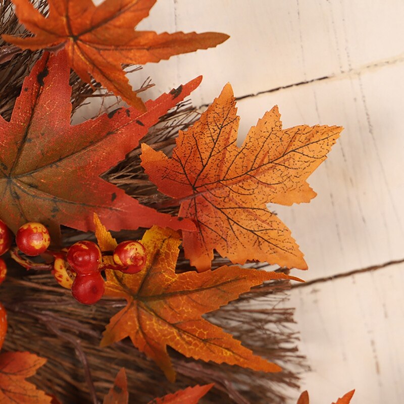 Artificial Fall Wreath, Autumn Wreath With Maple Leaves Pumpkin And Berries, For Front Door Thanksgiving Decoration