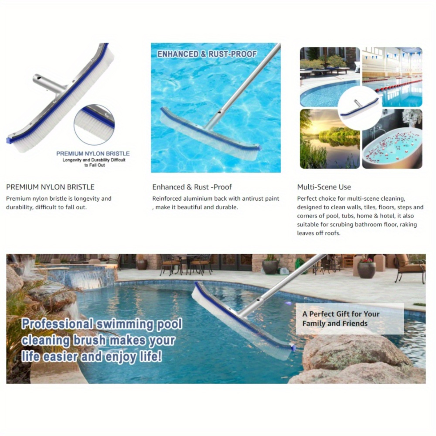 18" Swimming Pool Wall & Tile Brush - Heavy Duty Aluminum Back Cleaning Brush - Nylon Bristles - EZ Clips