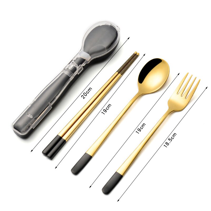 304 Stainless Steel Chopsticks Spoon fork Set Cutlery Set Flatware Set Tableware Soup Spoon Portable Cultery With Box: Black gold-3PCS