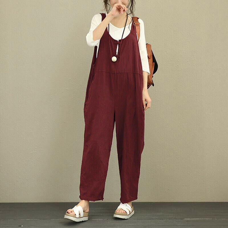 Frauen Baggy Latzhose Overall Übergroßen Damen Overall Hosen Hosen Tank Overalls Lose Plus Größe S-2XL: Wine Red / L