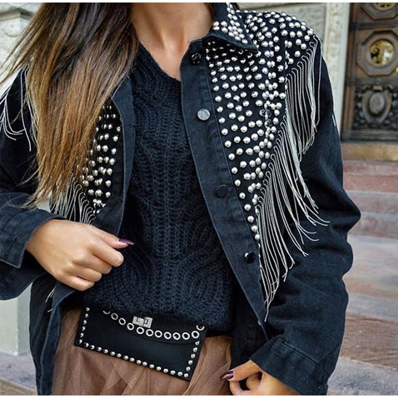 Femmes Denim Jakcet Rivet gland Jean vestes col rabattu simple boutonnage femme manteaux dames Streetwear tendance hauts