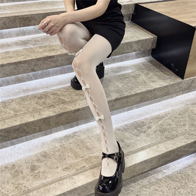 medias mujer Medias de Lolita para mujer, medias de rejilla huecas con lazo, pantimedias negras y blancas, estilo Kawaii japonés, nueva medias sexys mujer medias goticas medias rejilla