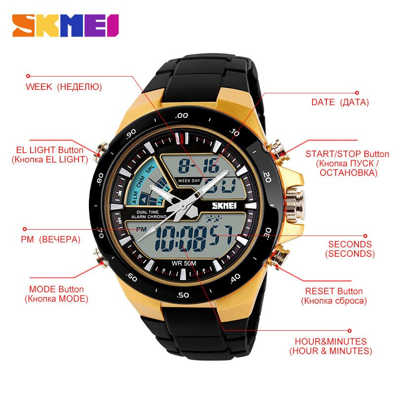 SKMEI – montre à Quartz pour hommes, double affichage, plusieurs fuseaux horaires, calendrier, Sport, étanche, 1016