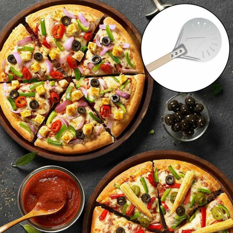 Perforated Pizza Turning Peel Pizza Shovel Aluminum Pizza Peel Paddle Short Pizza Tool Non Slip Wooden Handle Pizza Shovel