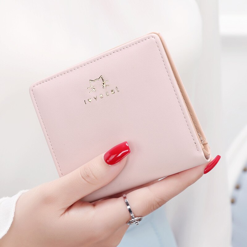 Cartera de PU para mujer, pequeña, pequeña, bonita, bonita, fresca, para estudiante, doble pliegue, pequeña, fina, cartera, bolsillo, cambio monedero, tarjetero: 4