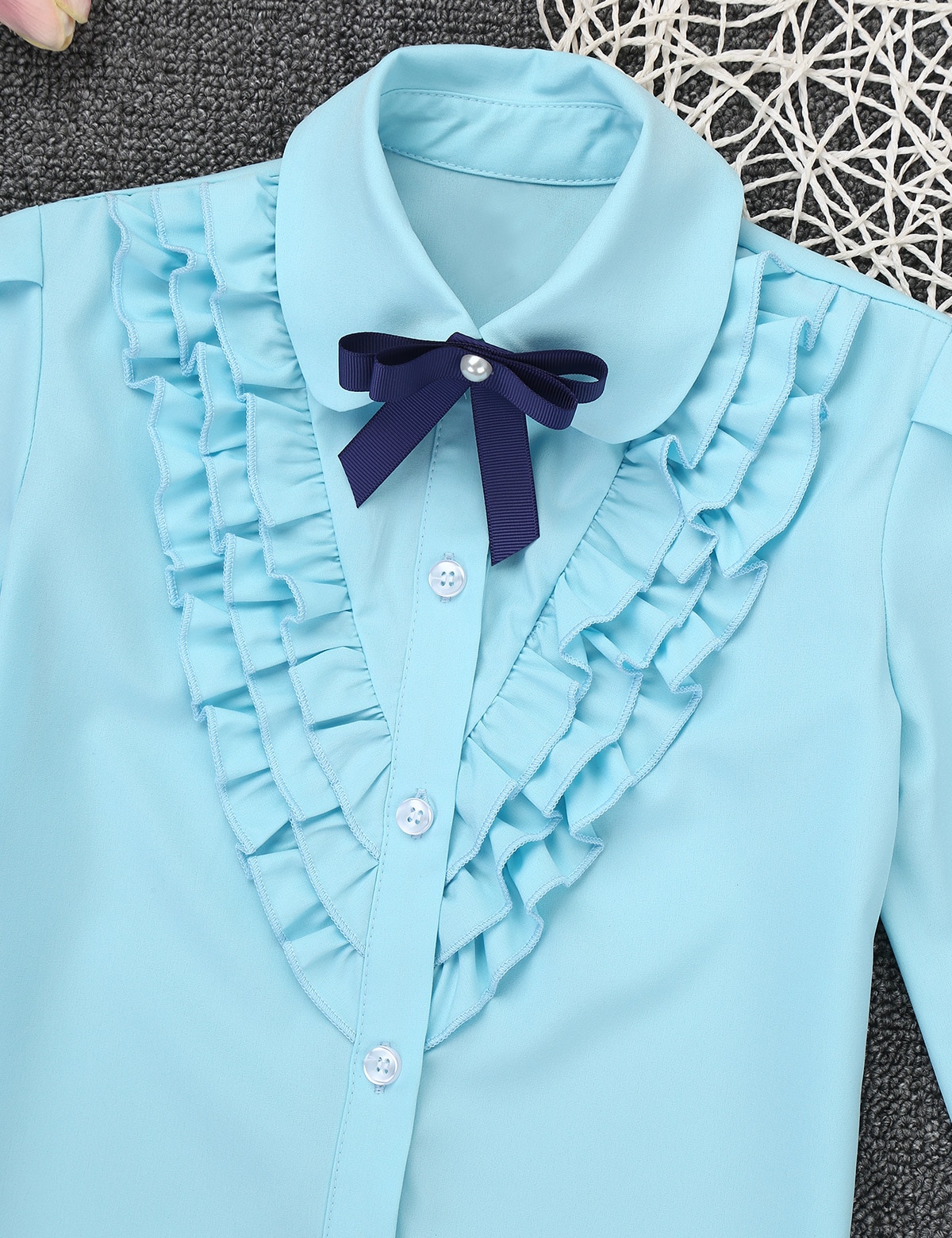 Cute Kids Girls Blouse School Uniform Turn-Down Collar Bowknot Ruffled Front Baby Blouse Long-Sleeved Buttons Closure Shirt Tops