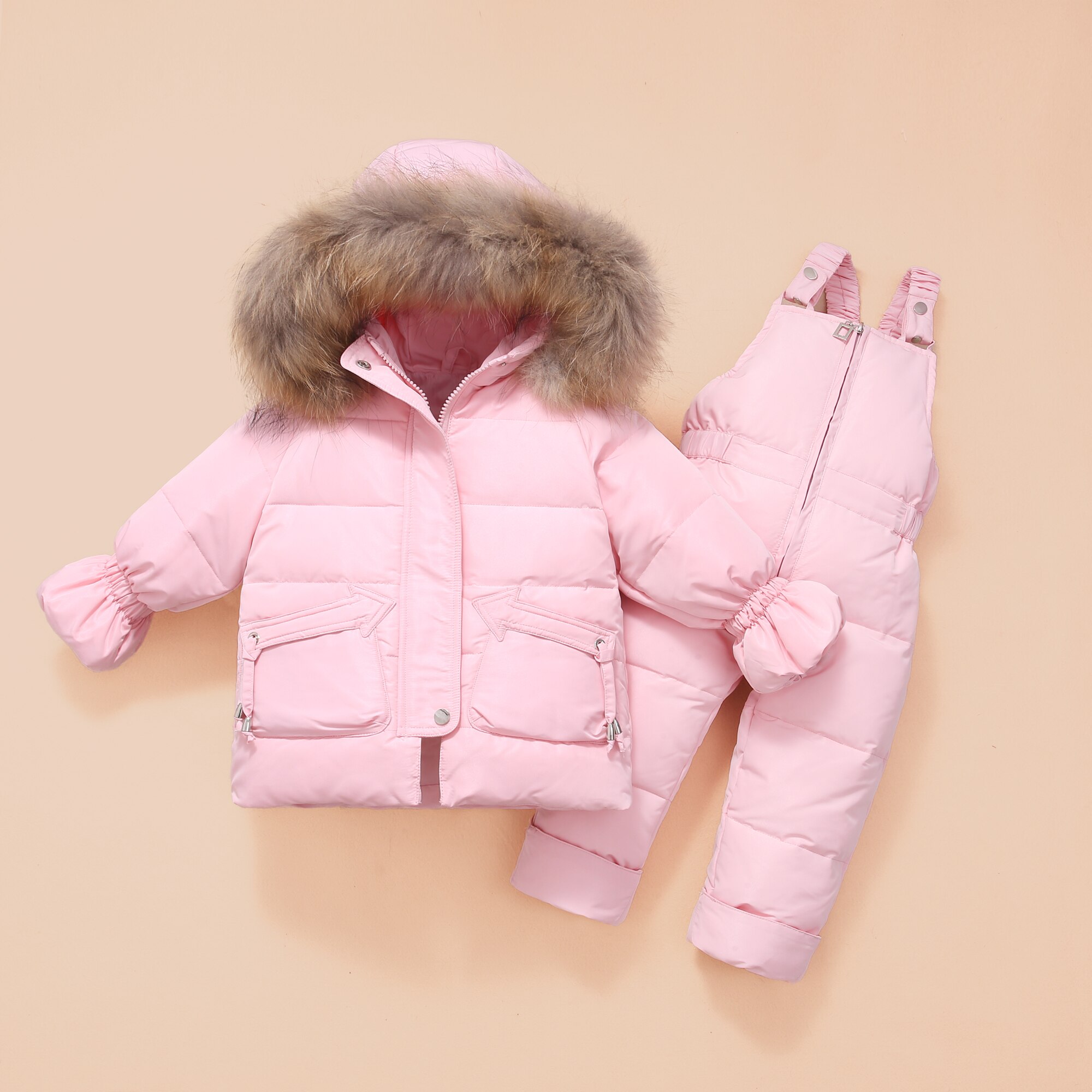 -30 grader vinter barn dunjacka kläder set pälskrage flickor dunjackor + overall barn varm kostym för små pojkar: Rosa / 24m