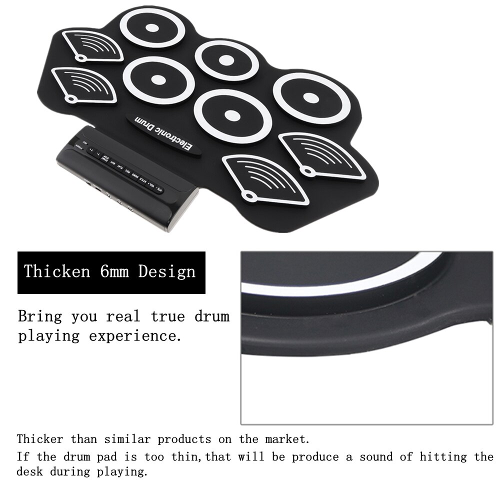 9 Pads Usb Dc 5V Elektronische Roll Up Thicken Silicone Drum Elektrische Drum Kit Met Drumsticks En Sustainpedaal