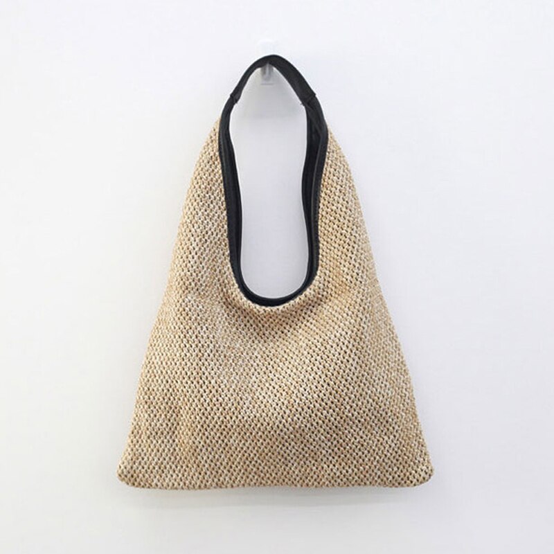 Bolso de hombro de gran capacidad para mujer, bolsa de playa de paja tejida, informal, para compras, de punto: Khaki Shoulder Bag