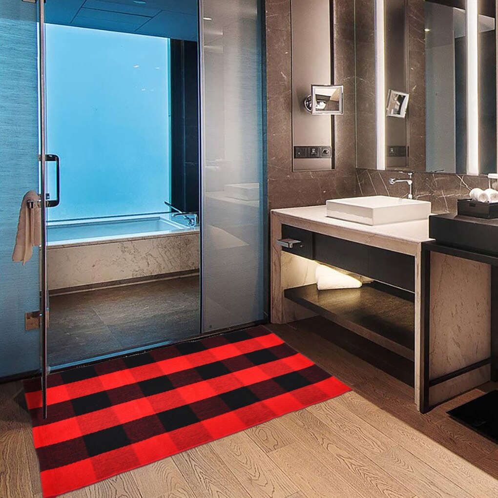 Hand-Woven Cotton Plaid Area Rug Anti Slip Doormat Floor Mat Layered Carpet for Laundry Kitchen