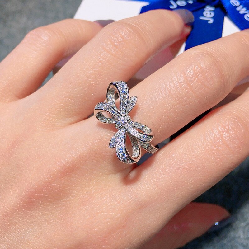 Luxus Weibliche Schmetterling Bowknot Hochzeit Ringe Elegante Silber Farbe Liebe Finger Ring Versprechen Zirkon Engagement Ringe Für Frauen
