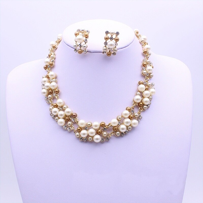 Simple Imitation Pearl Bridal Jewelry Crystal Necklace Earrings for Girl Party Rhinestone Engagement Jewelry Sets: Rose Gold