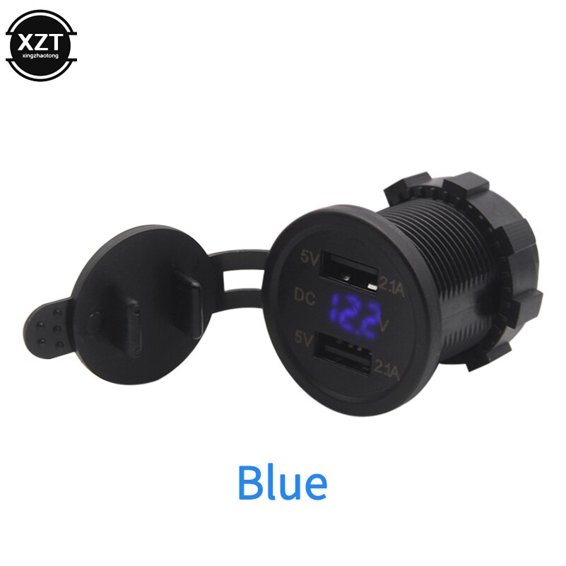Motorcycle Car Charger - Dual USB LED Voltmeter - 3 Colors - 5.4cm: Blue