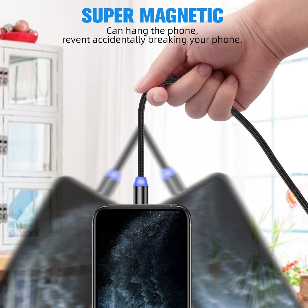 Usb typ c magnetkabel micro usb magnetisk laddningskabel 1m 2m 2.4a magnetkontakt snabbladdare mobiltelefon 3 in 1 laddningssladd