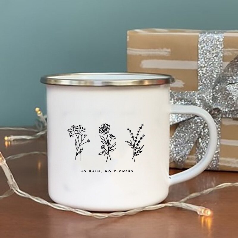 Ingen regn ingen blomst print emalje krus vintage kaffe vin kopp drikke dessert melk kopp camping krus håndtak drinkware: Xh1006-a015wh-8