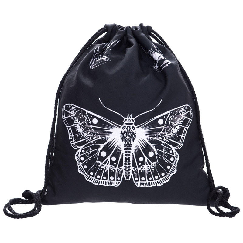 Butterfly TATOO Black Drawstring Bag Casual Mochila Cuerda Out Door Drawstring Backpack Women Men Modis String Bag Girl