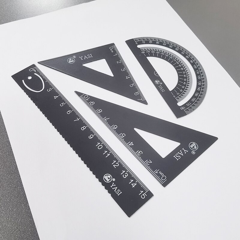 4 Pcs/Set Square Triangle Ruler Aluminum Alloy Protractor Set Drawing School Supplies 2 Colors Available Student drawing ruler