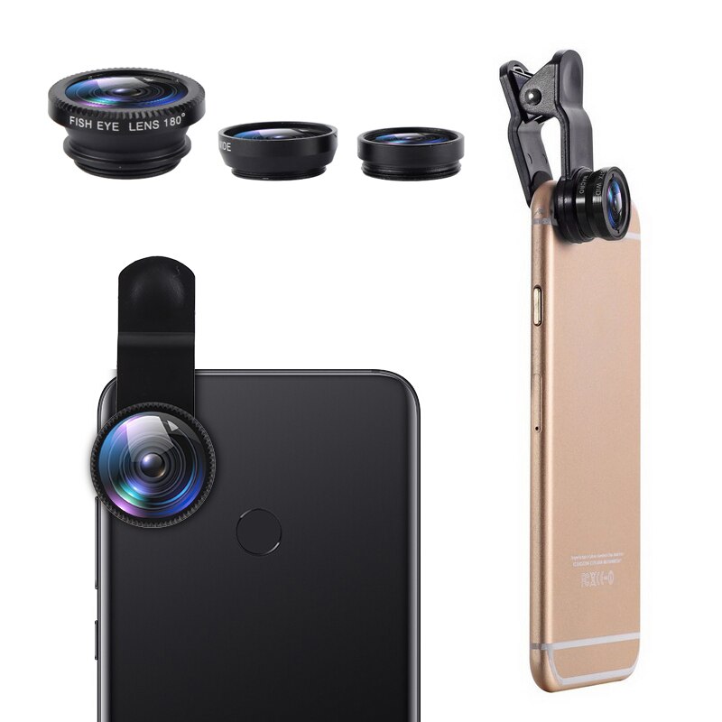 3 in 1 vidvinkel makro 180 graders fiskeøjeobjektiv kamera kits mobiltelefon fisk øjenlinser med klip 0.67x til iphone samsung htc