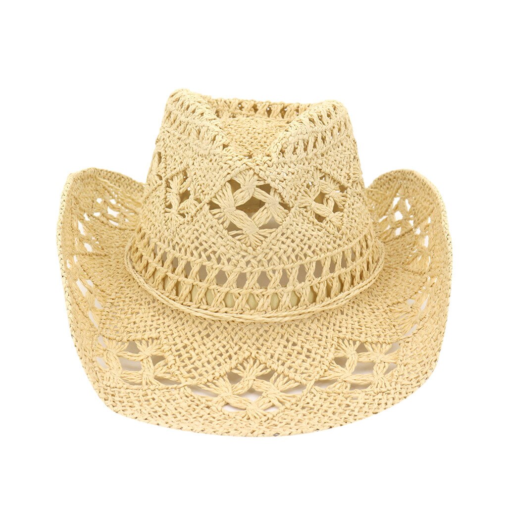 Straw Western Cowboy Hat Hand Made Beach Sunhats Party Sun For Man Woman Curling Brim Cap Sun Protection Unisex Hats: YELLOW