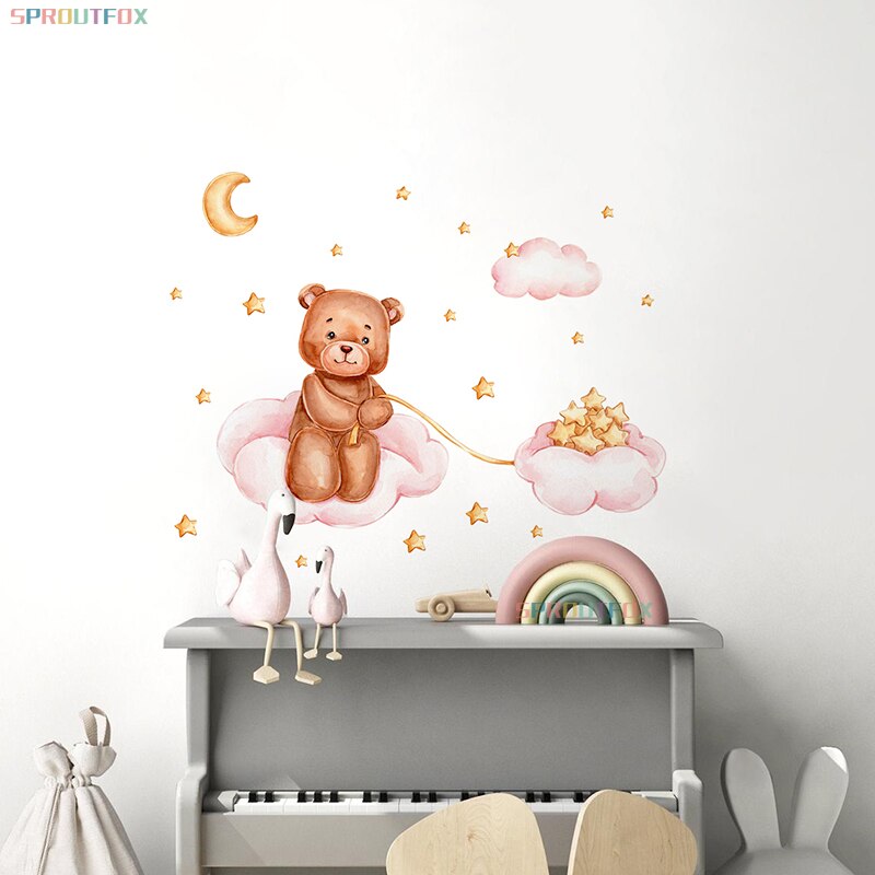 Beer en ster muurstickers voor kinderkamers kinderkamer behang roze wolken decoratieve sticker kinderen muurstickers kind