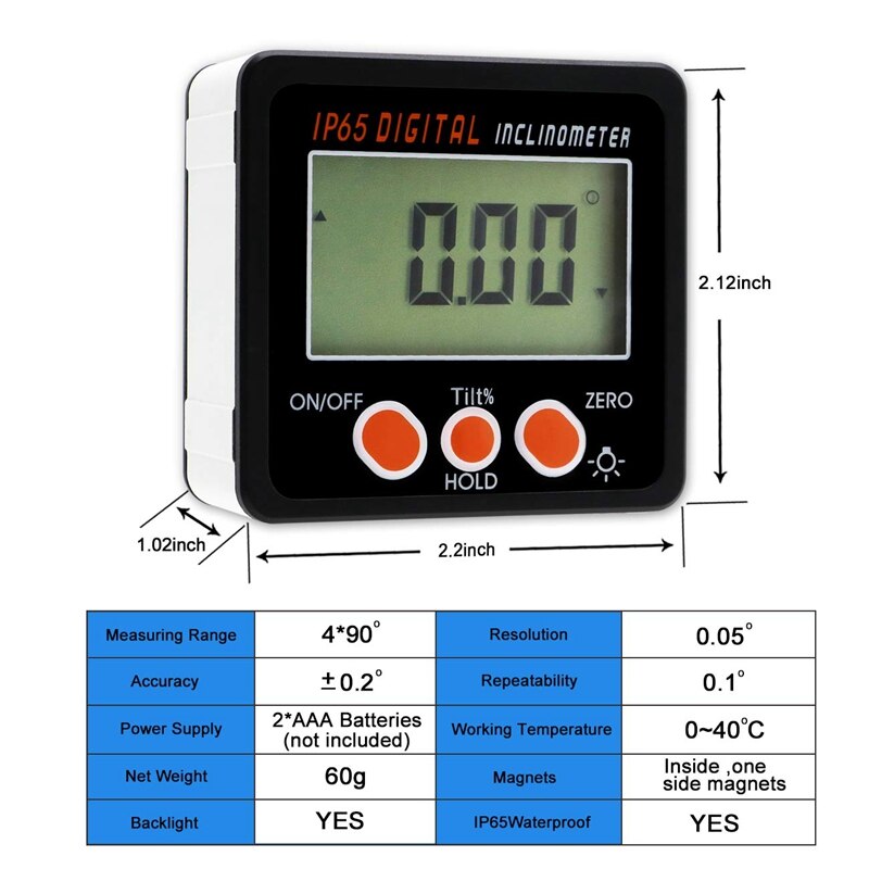 IP65 Waterproof Protractor with Back Light Inclinometer Angle Bevel Box Electronic Protractor netic Base