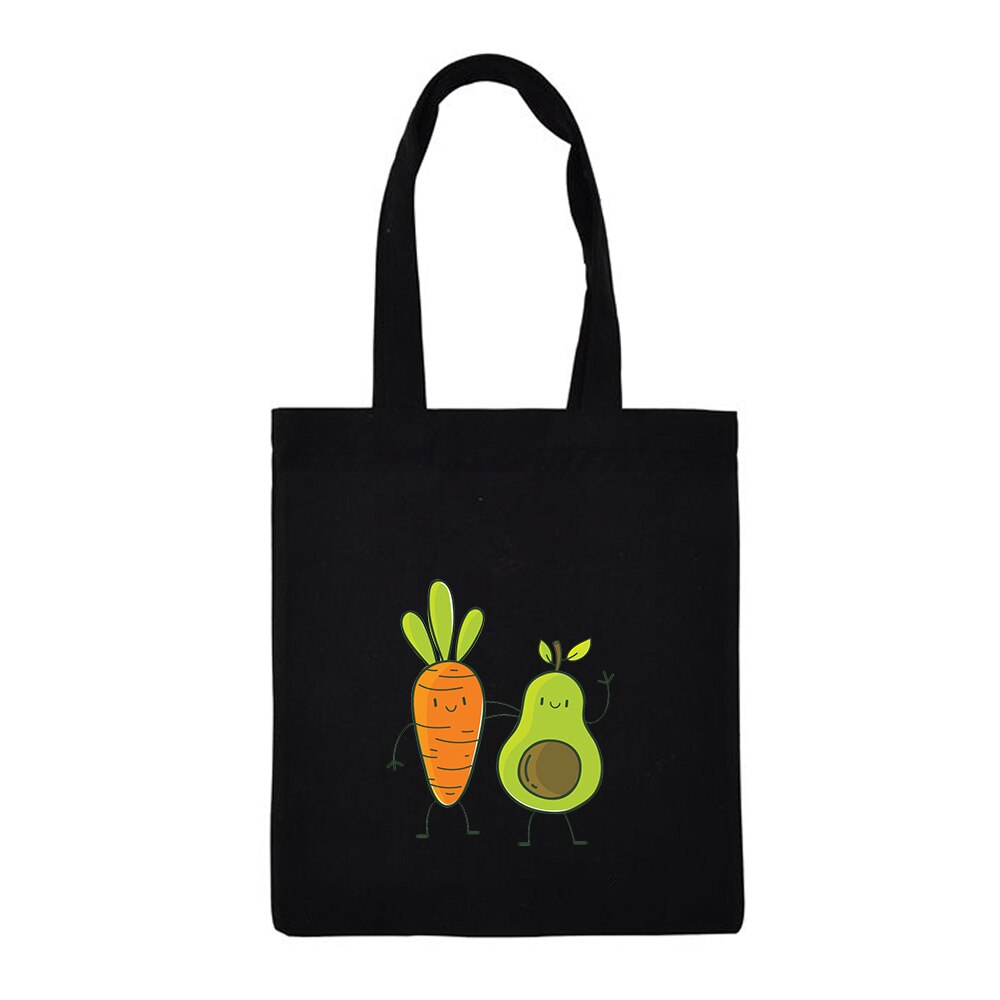 Cute Couple Avocado Print Large Capacity Canvas Tote Bag Cotton Cloth Reusable Shopping Bag Women Beach Handbags Shopping Bags: A202BLACK