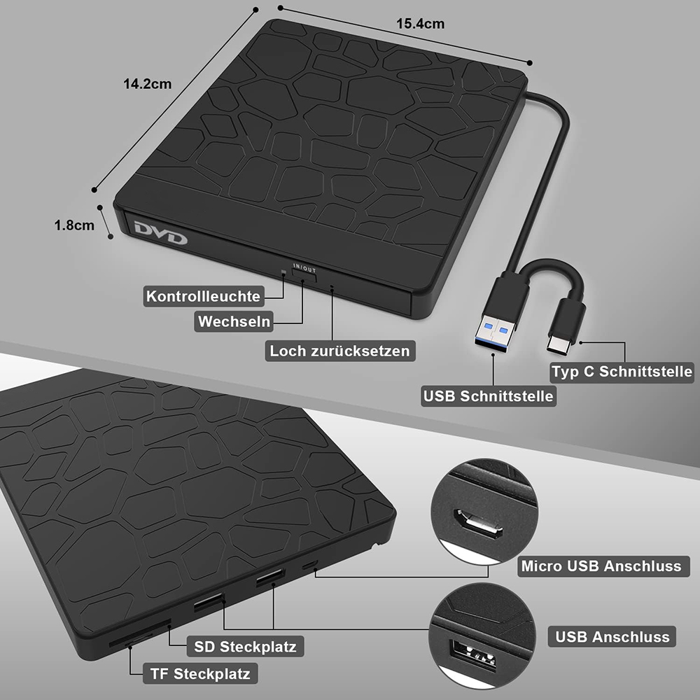 Hub usb externo multifuncional com unidade óptica, gravador de dvd, gravador de cd-r e leitor de cartões para computador, compatível com discos micro sd e tf.