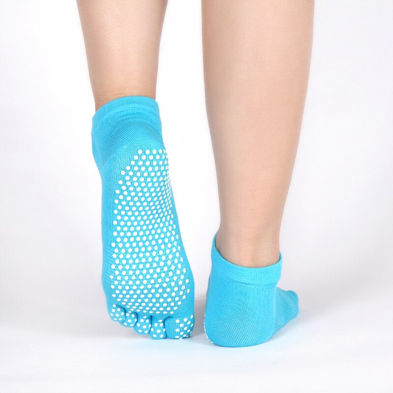 Calcetines de Yoga antideslizantes profesionales para mujer, medias de cinco dedos, de algodón puro, antideslizantes, cálidos, para Otoño e Invierno: full toe-blue
