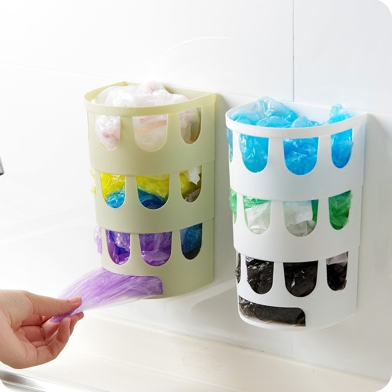 1pc st soppåshållare i plast soppåse korg väggmonterad hängande förvaringslåda organisatörsställ kökstillbehör