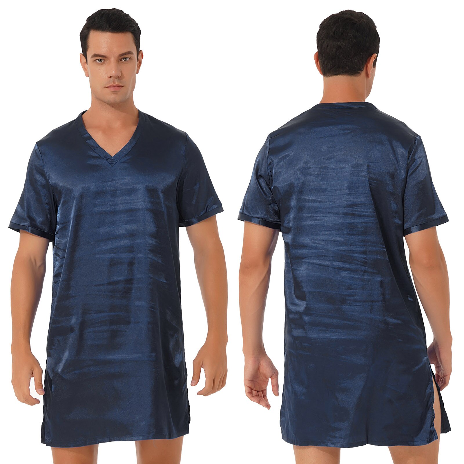 Heren Satijnen Nachtkleding Tops Nachthemd Nachtjapon Pyjama Jurk Met Korte Mouwen Ondergoed Homewear Zijkanten Split Slaap Tops Nachtkleding: L / Blauw