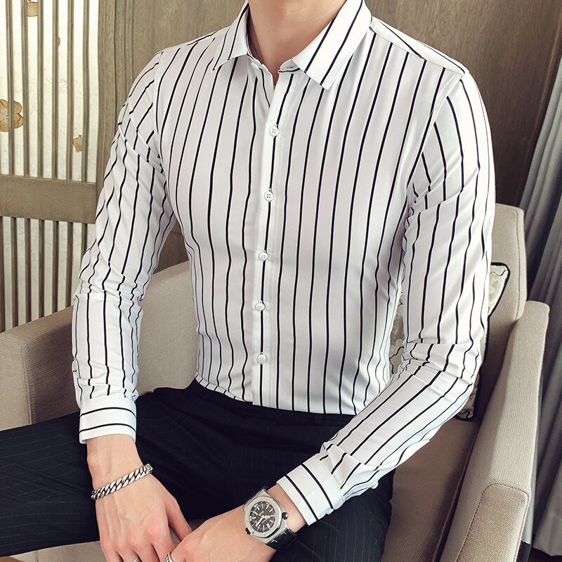Mænd langærmede skjorter herre stribet klassisk pasform behagelig blød bomuld casual button-down skjorte