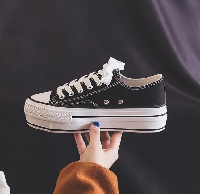 Verano de las mujeres de la Zapatos casuales zapatos de mujer Color caramelo zapatos de plataforma de lona Lisa zapatillas de mujer de fondo grueso zapatos vulcanizados: Negro / 38