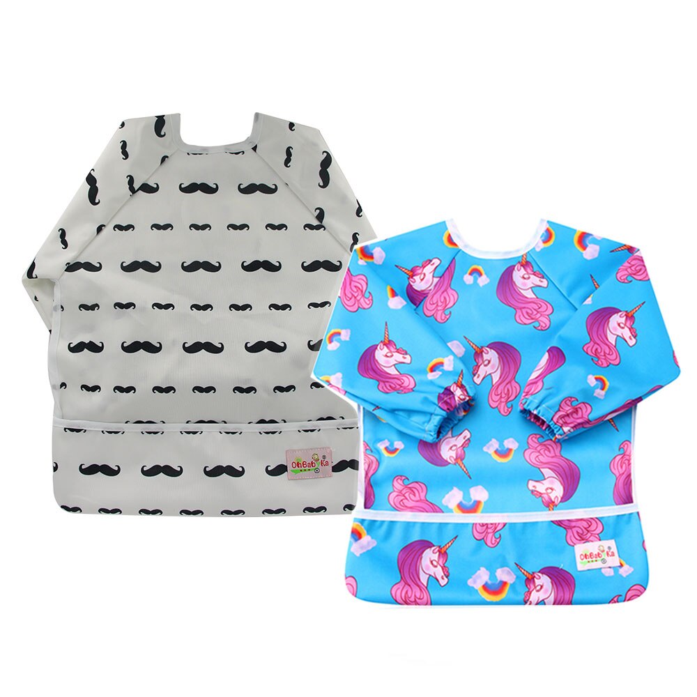 2-Pack Baby Slabbertjes met Mouwen - Waterdichte Voedselslabber met Zak - Dierenprint