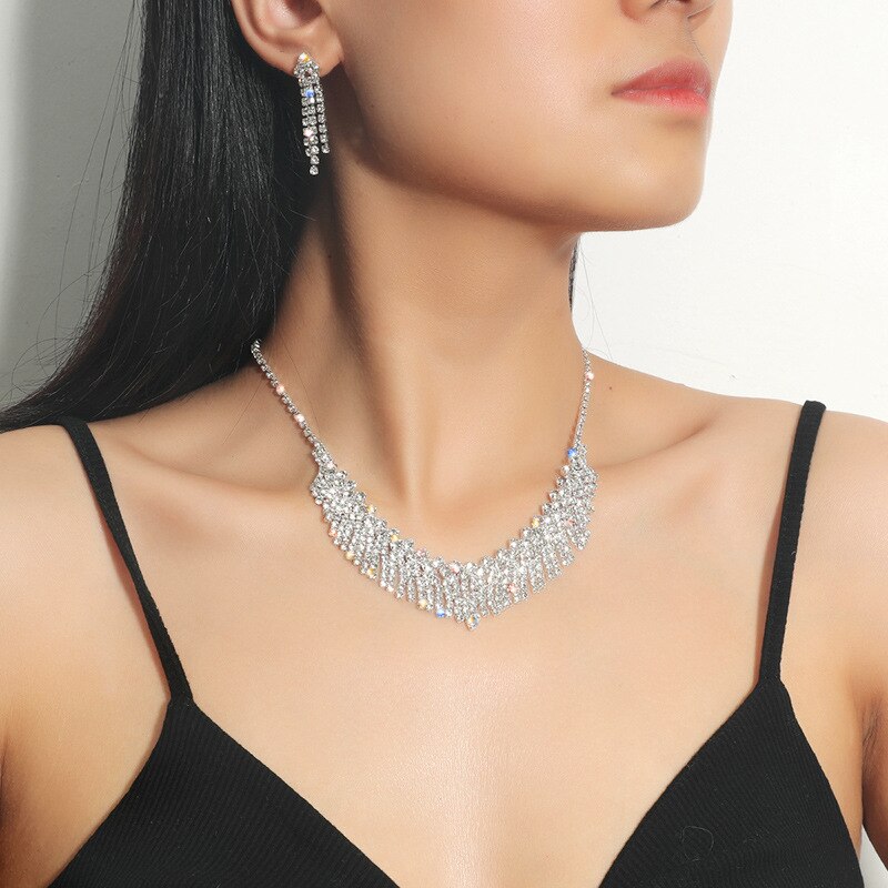 Mogaku 2Pcs Vrouwen Korte Tassel Sieraden Sets Strass Ketting Oorbellen Voor Bridal Wedding Party Shiny Accessoires Set