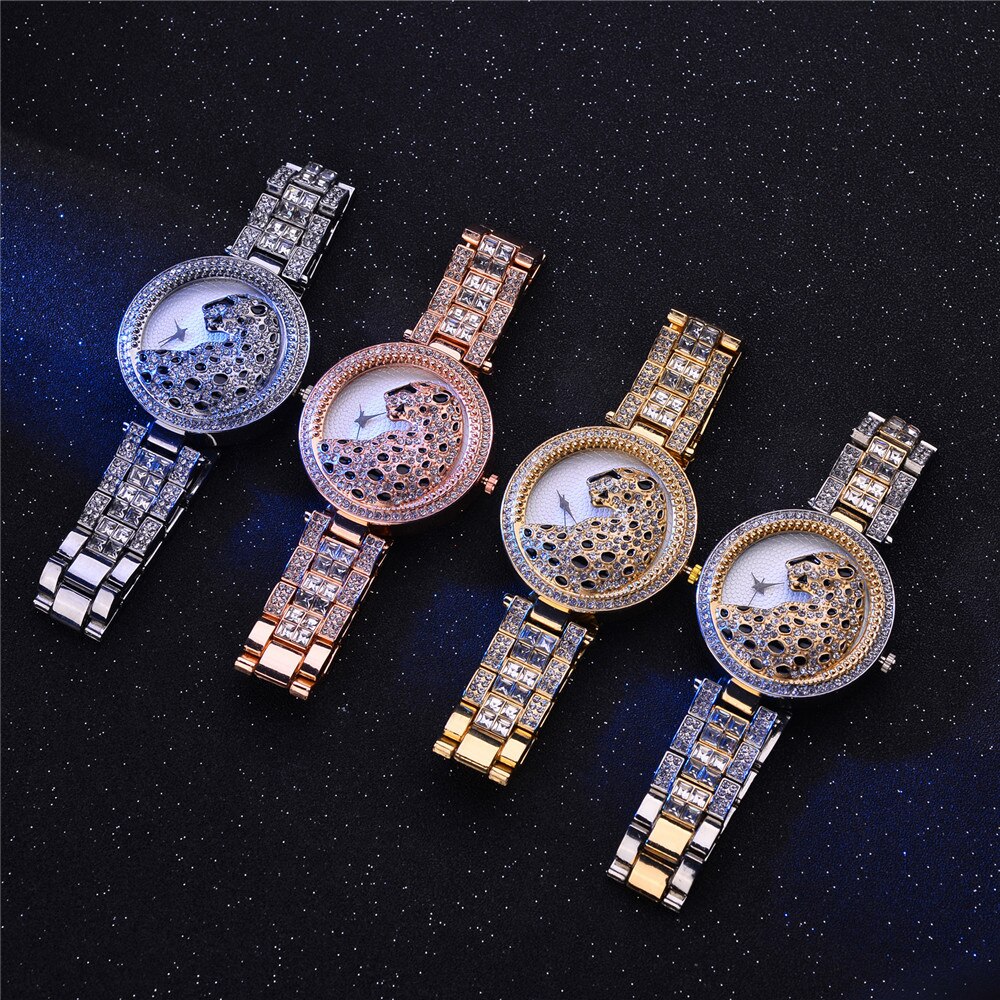 Femmes Rose Or Montre Léopard De Luxe Bling Dames Montre Décontracté Femme Montre À Quartz Cristal Diamant Pour Femmes Horloge