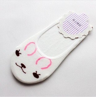 10 Kleur Vrouwen Onzichtbare Katoenen Sokken No Show Antislip Loafer Liner Low Cut Cartoon Animal Bears Konijnen Katten Boot Korte feminino: White rabbit powder