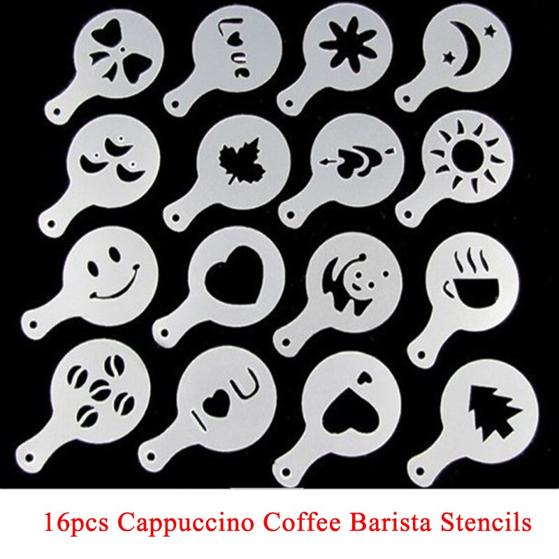 1pc rustfrit stål chokolade shaker kakaomel kaffe sigter +16 stk kaffe skabelon strew blomsterpude spray kunst kaffe værktøjer zxh: 16 form