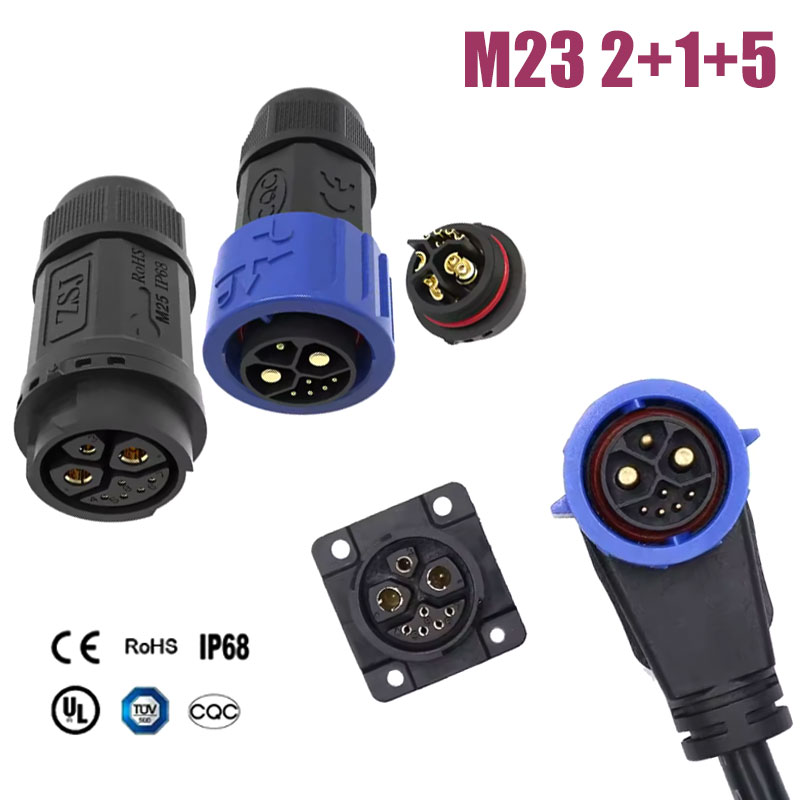 Outdoor Wasserdicht M23 2 + 1 + 5 Selbstsichernde Lade Stecker Männlich Weiblich Signal Integrierte Geschweißte Draht Batterie Steckdose IP67