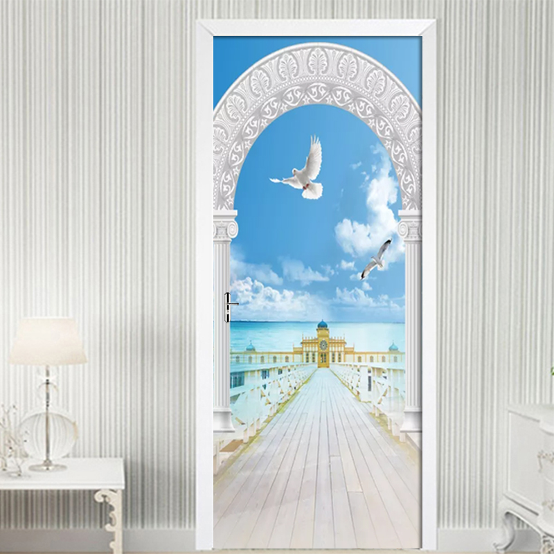3D Roman Column Seascape PVC Waterproof Self-Adhesive Door Sticker Wallpaper For Living Room Bedroom Door Decals Wall Sticker