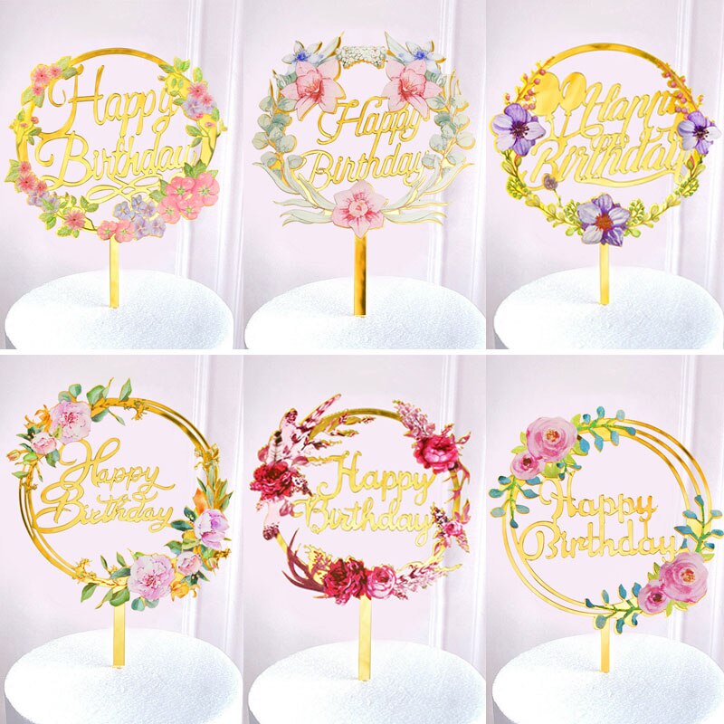 Blume Acryl Kuchen Topper Glücklich Geburtstag Gold Brief Cupcake Topper Für Baby Dusche Kinder 1st Geburtstag Party Kuchen Dessert Decor