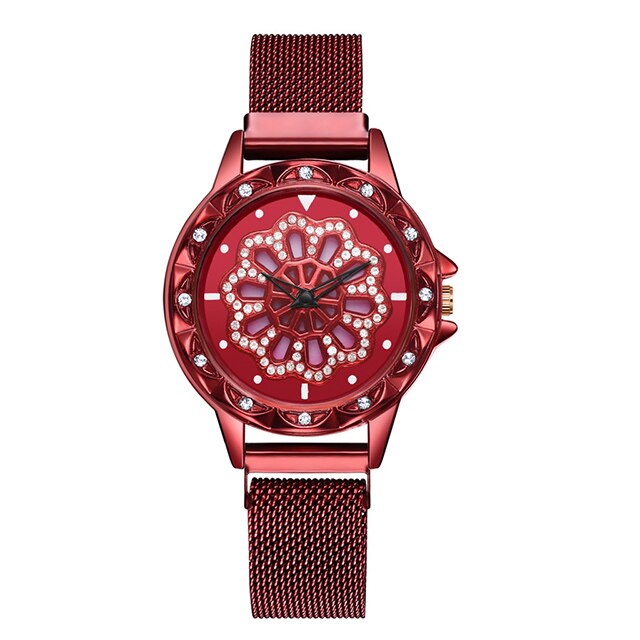 Kvinder armbåndsure kvinders roterende magnetiske heldige damer krystal kvarts armbåndsure reloj femenino: Rød