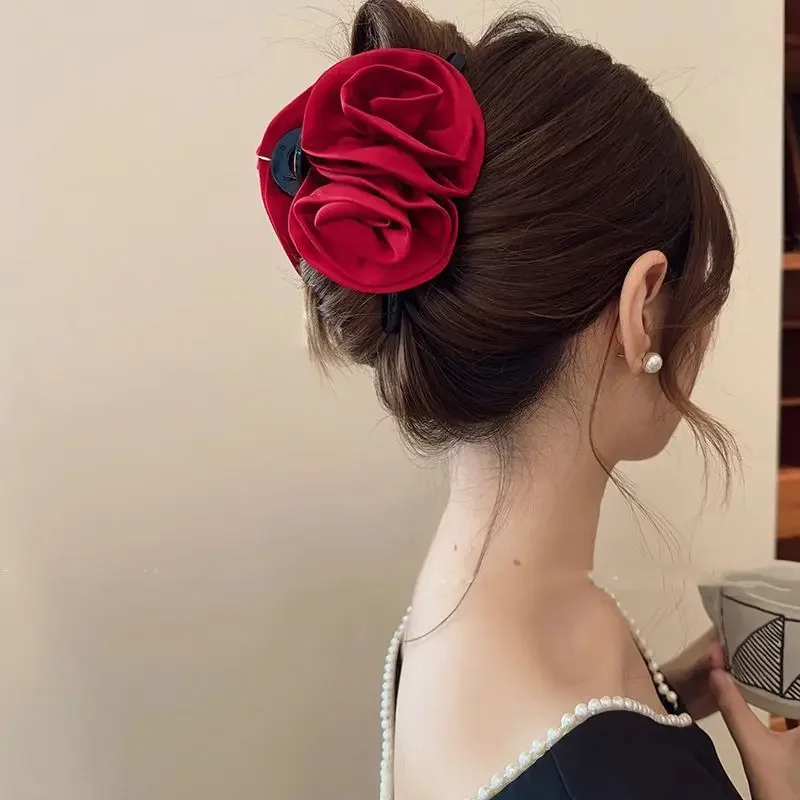 Pinzas en forma de garra para el pelo de rosa francesa, horquilla con temperamento, tocado de princesa para mujer, Clip de agarre a la , accesorios para cabello femenino: Rojo