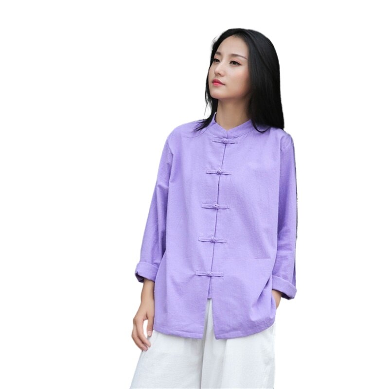 Vrouwen Lange Mouw Herfst Chinese Stijl Overhemd Blouse Katoen Linnen Vintage Shirt Qigong Tai Chi Kleding V1997