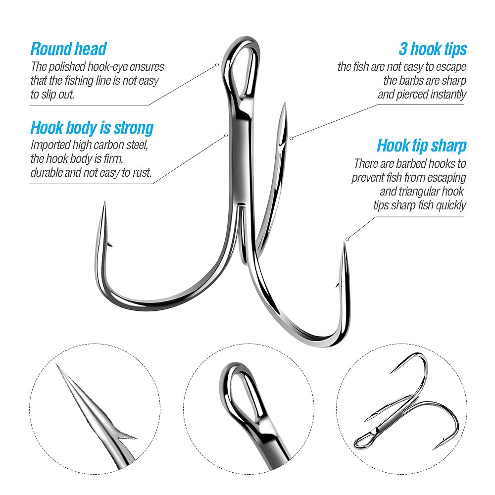 DONQL 50pcs/Box High Carbon Steel Treble Fishing Hooks Offset Fishooks for Carp Fishing Overturned Sharp Hooks Fish Tackle