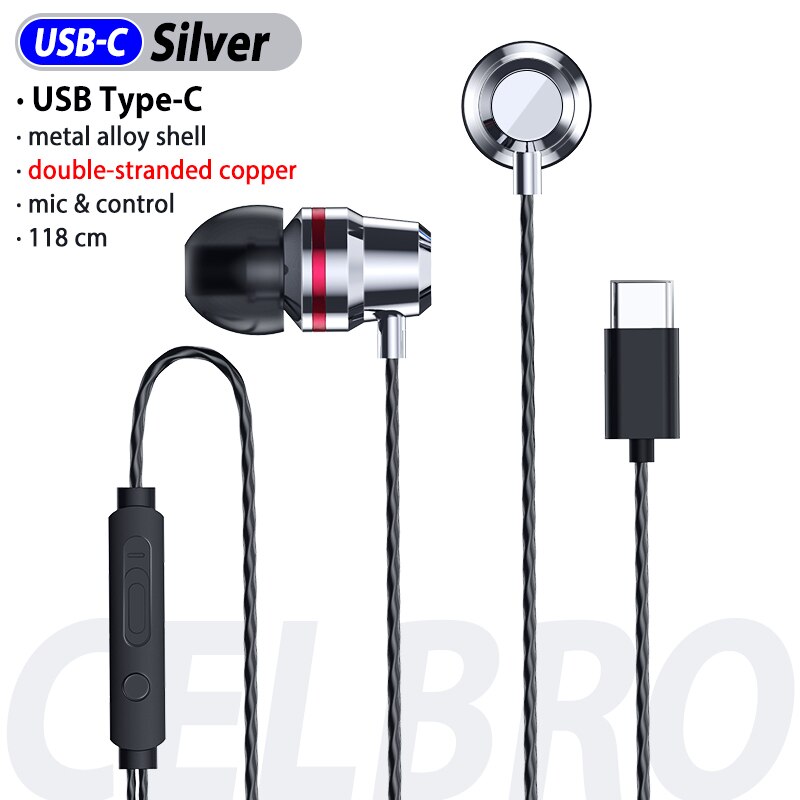 Auriculares estéreo de 3,5mm para deporte, auriculares de 3,5mm con conector USB C, auriculares con micrófono y línea de Control de música para teléfono tipo C: Type C Silver