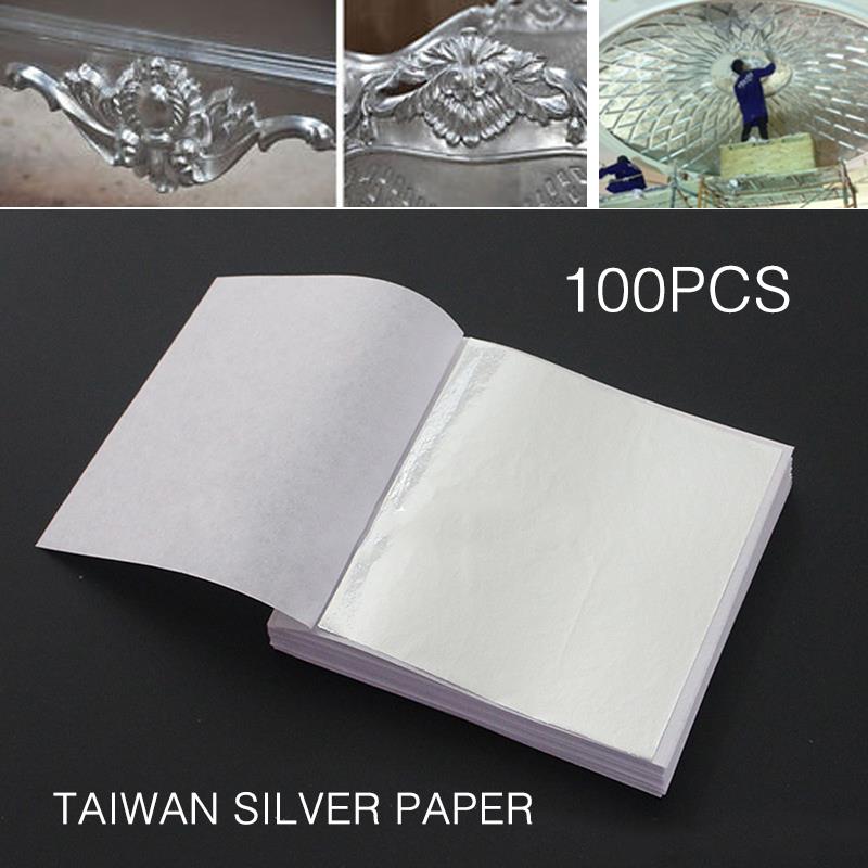 Silver 100 Sheets Home Decoration Gilding Craft Paper Durable Leaf Foil Paper Imitation Universal Silver Foil Paper