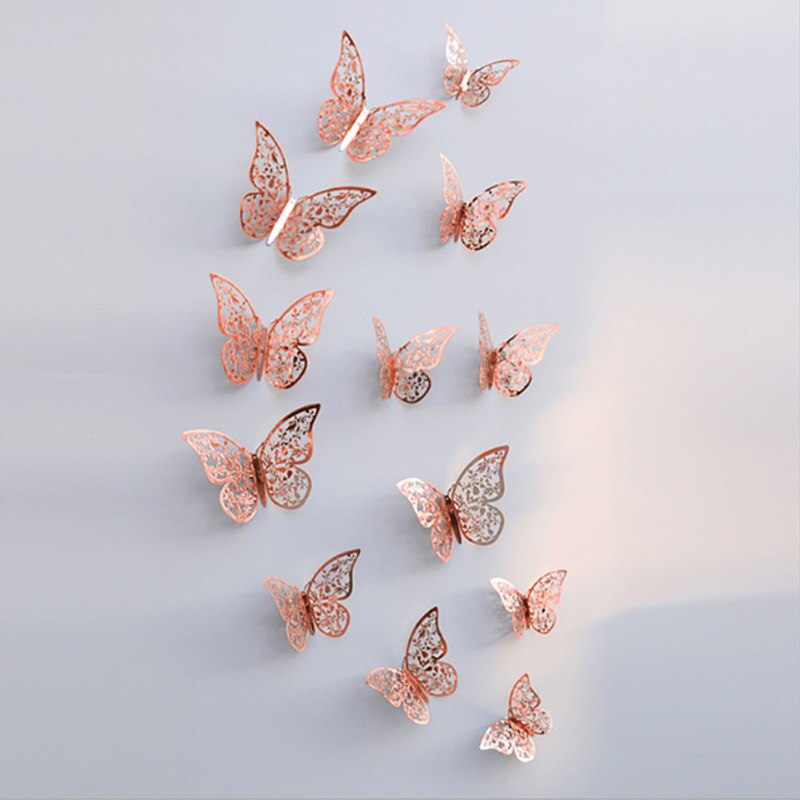 12 unids/lote de calcomanías de mariposa 3D doradas y plateadas para pared, calcomanías artísticas para el hogar, pegatinas para pared, decoraciones para exhibición de mariposas para fiestas y: C-rose gold