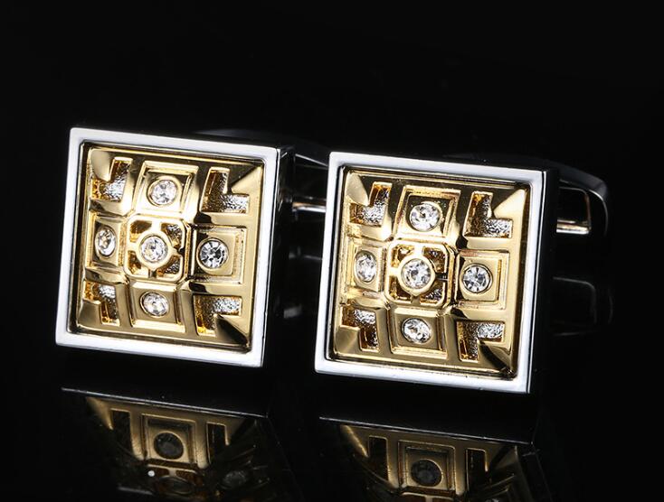Luxo dourado quadrado abotoaduras oco cristal botões de punho camisa botões de punho casamento/negócios/festa presente masculino moda jóias