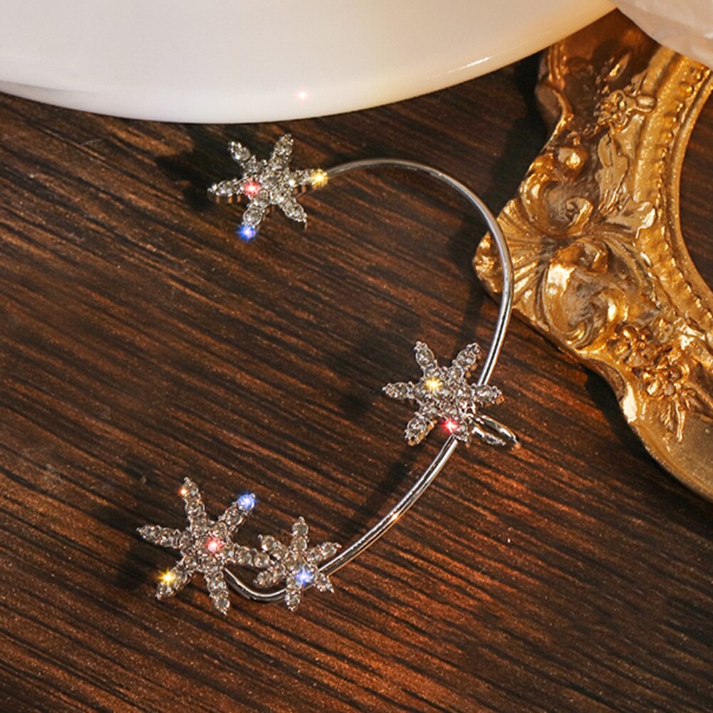 Korean Style Snowflake Ear Clips Without Piercing For Women Sparkling Zircon Ear Cuff Clip Earrings Wedding Party Jewelry: Silver Left