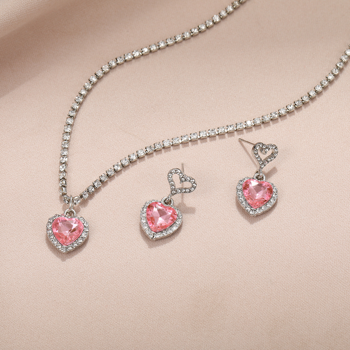 Conjunto de collar y pendientes de cristal rosa con circonita de corazón para mujer, collar colgante de lujo, pendientes, conjuntos de joyería de boda, , 3 uds.